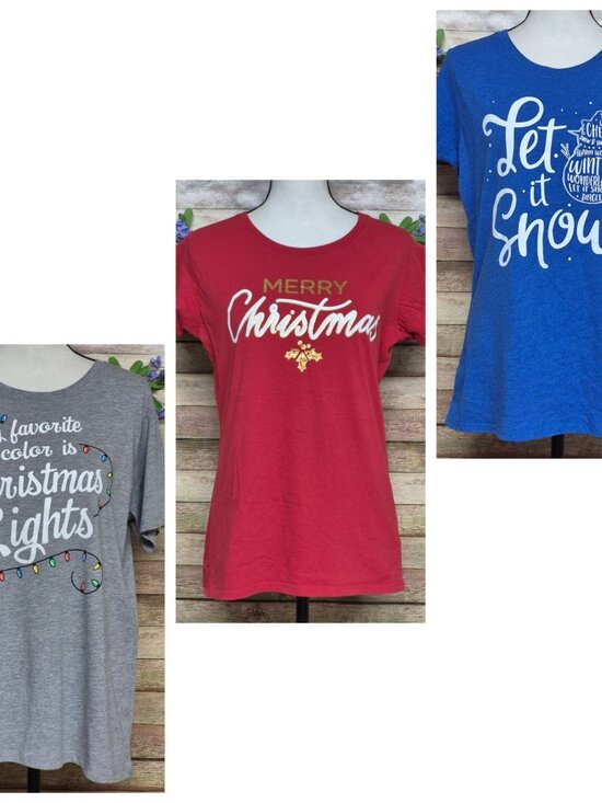 Great Christmas Theme Lot of Holiday Time Ladies Tees T-Shirts Size L 12-14 - Picture 1 of 12